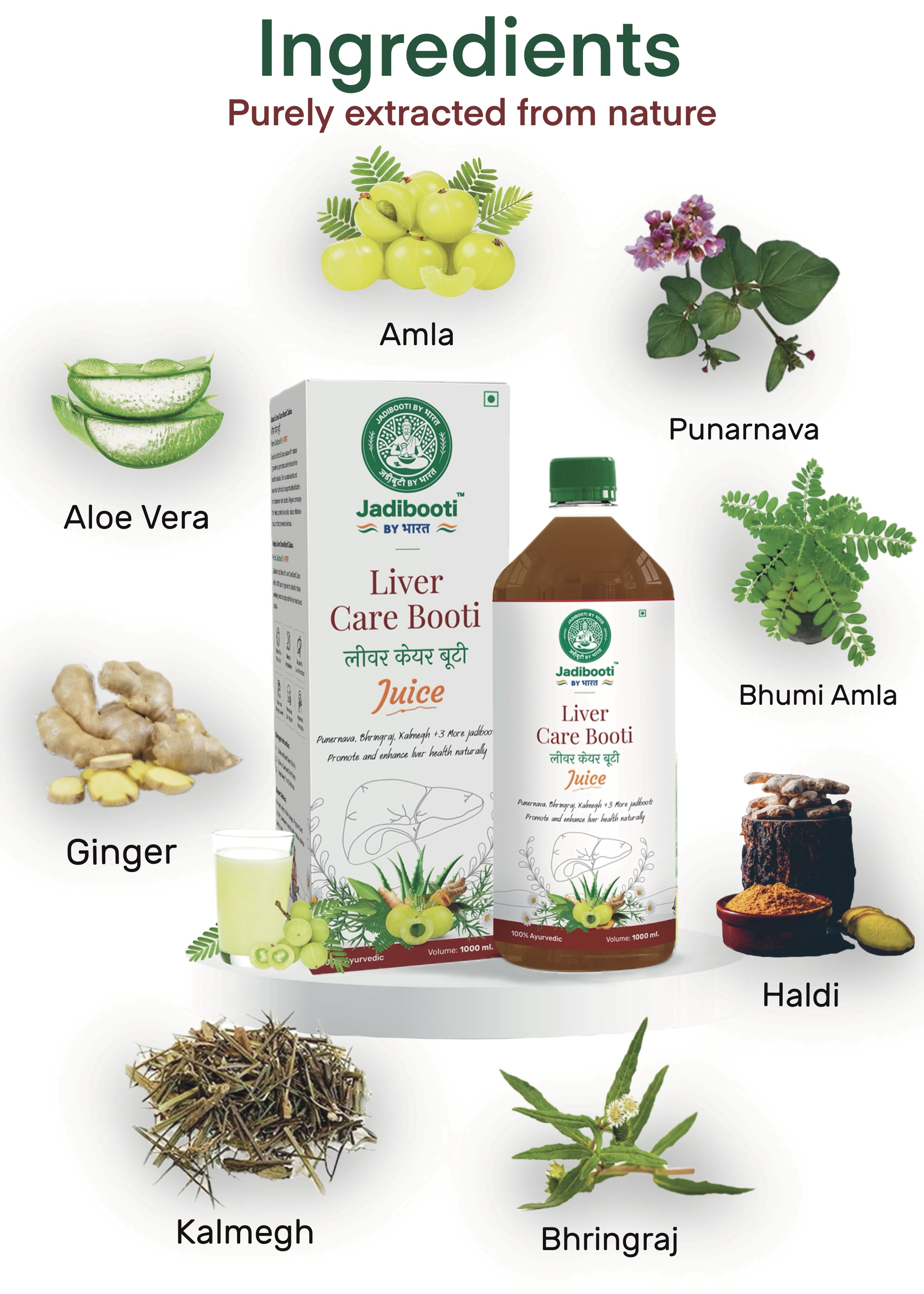Jadibooti by Bharat Liver Care Booti Juice – 1000ml Ayurvedic blend with Punarnava, Bhumi Amla, Kalmegh, and S. Kesar to naturally promote liver health and detoxification